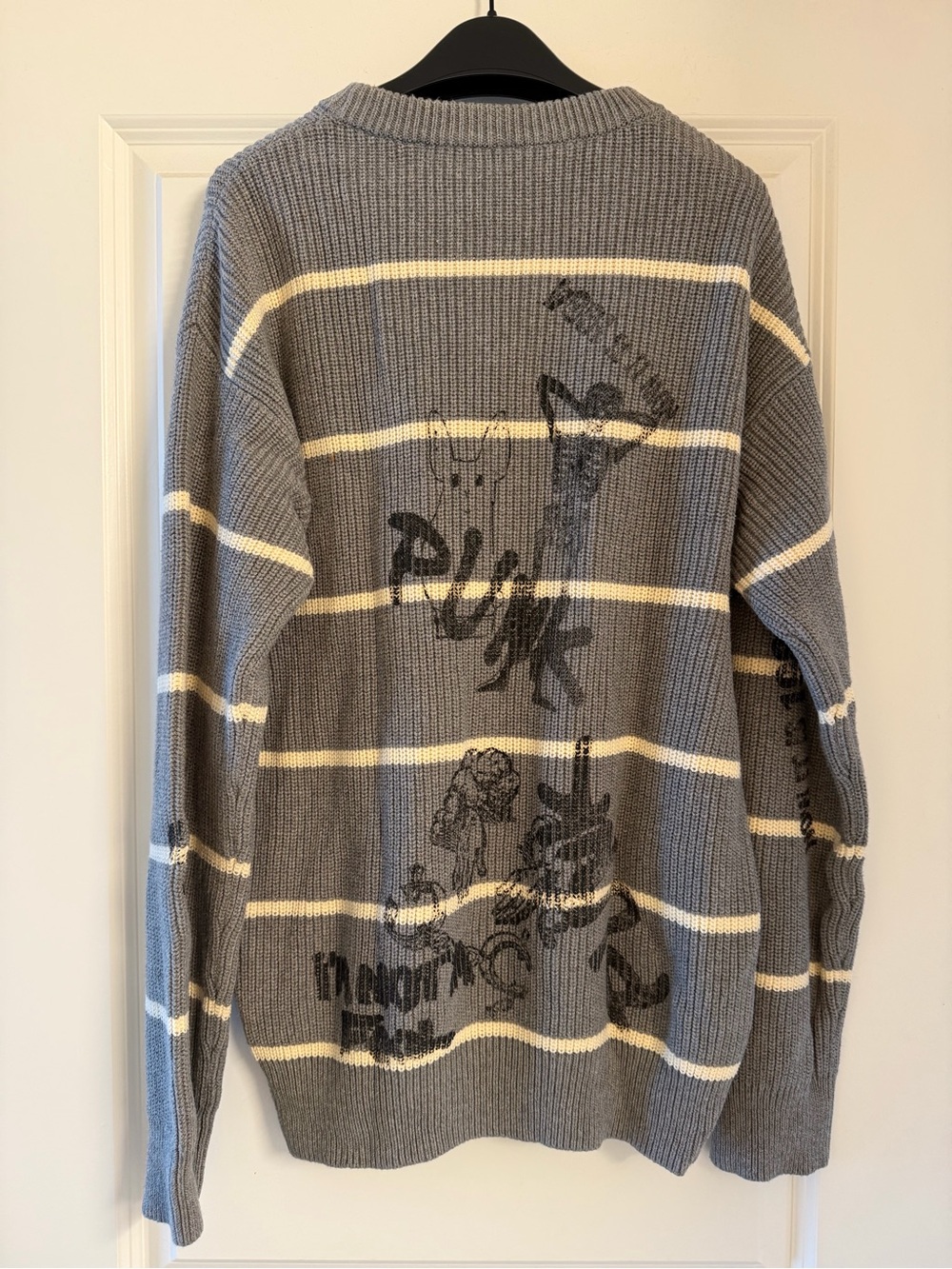 R13 Gray and White Striped Crewneck Sweater with Black Graphic - Picture 5 of 5